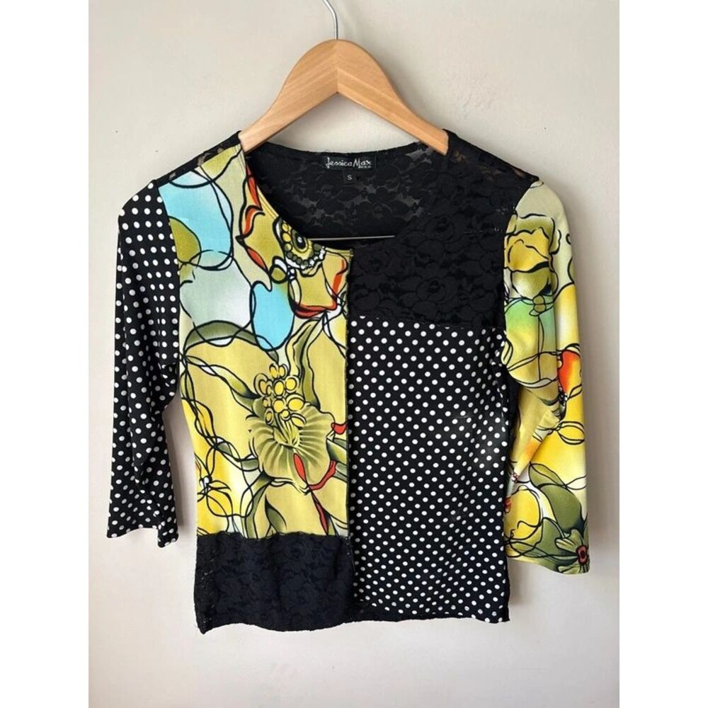Jessica Max Y2K Mixed Print Sheer Lace Back Top Small